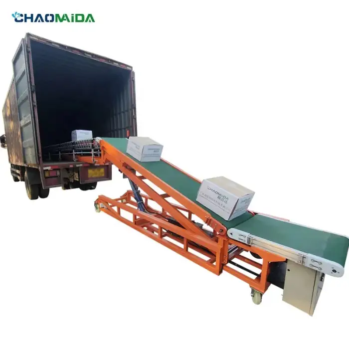 Logistics loading line Hydraulic lifting Up Down Conveyor  Telescopic roller  belt unloading conveyor