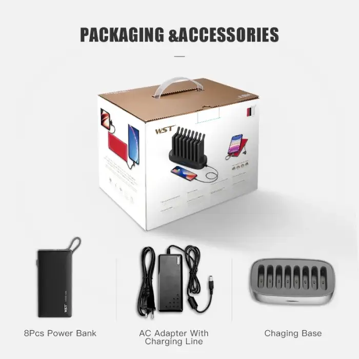 WST Public Sharing Power Bank Multi Power Bank Station 8 Pieces Universal Portable 10000mah Power Bank for Coffee Shop