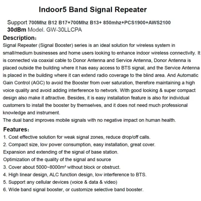 Wireless Communications And Information Network Services 2G 3G 4G 5G Leading Provider 30dBm Indoor5 Band Signal Booster Repeater