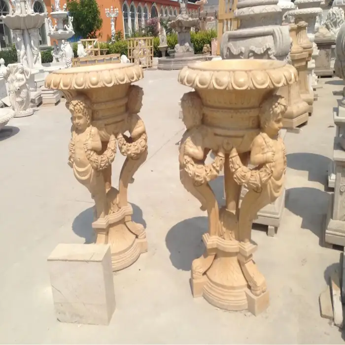 Hand Carved Garden Large Stone Flower Pot Big Marble Planter For Outdoor Landscaping