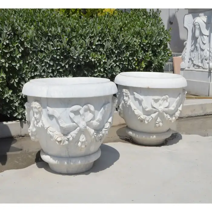 Hand Carved Garden Large Stone Flower Pot Big Marble Planter For Outdoor Landscaping