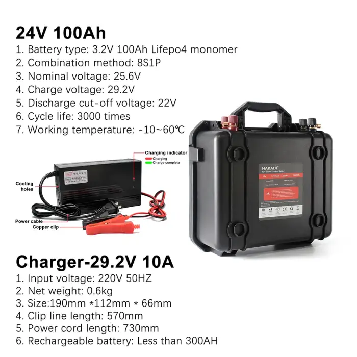 HAKADI 24V 100Ah Lifepo4 Rechargeable Lithium Battery Pack With Build-in BMS For Solar System Outdoor Power RU Stock