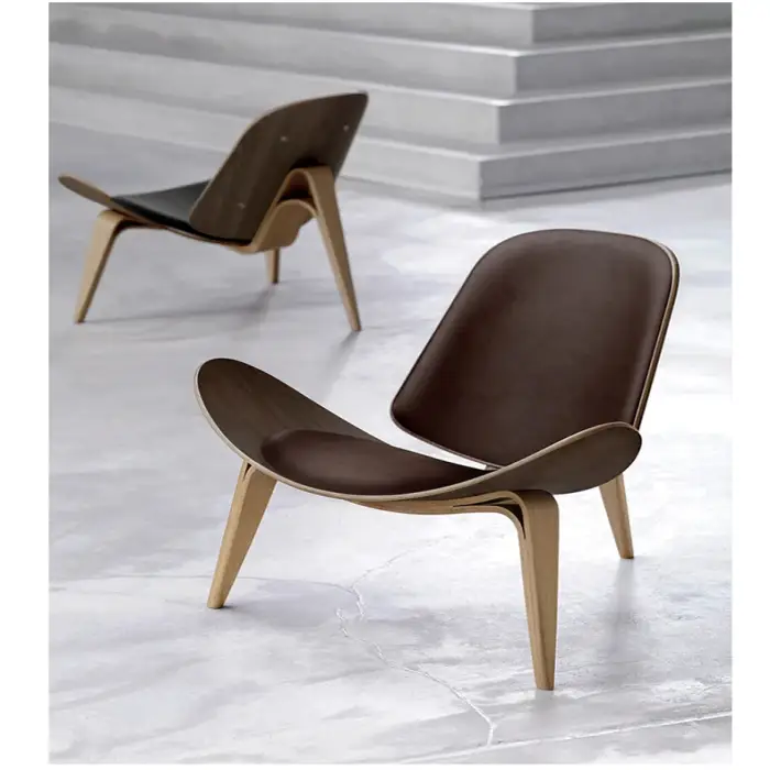 Leisure Chair Hotel Furniture Wood Lounge Chair Nordic Modern Three Legged Cafe Plywood Walnut Shell Leather Home Furniture CY75