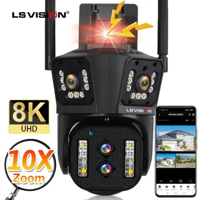 LS VISION 16MP 8K WiFi PTZ Security Camera: Outdoor Surveillance with 10X Zoom, Four Lenses, AI Tracking, and Wide Angle