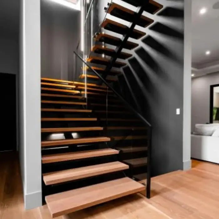 VIKO European Grey Tempered Glass Mono Stringer Steel Wood Staircase