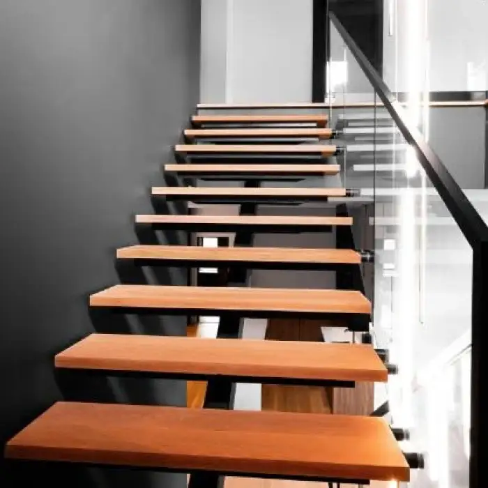 VIKO European Grey Tempered Glass Mono Stringer Steel Wood Staircase