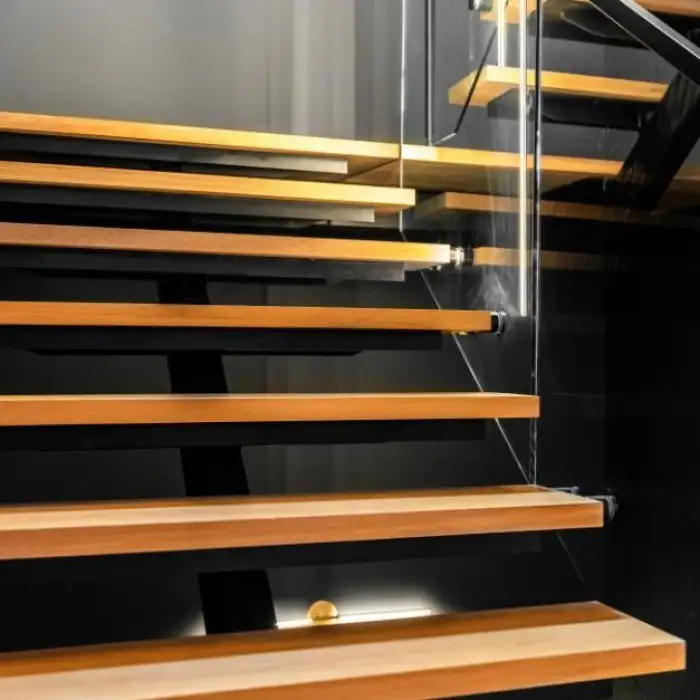 VIKO European Grey Tempered Glass Mono Stringer Steel Wood Staircase