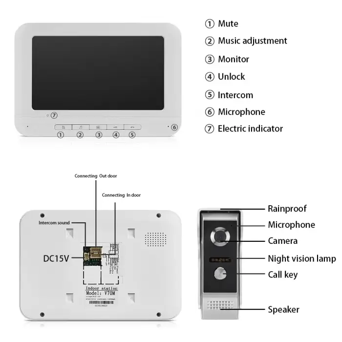 4 Wire Video Door Phone  Intercom System With  Display hd 720p 7 Inch Screen Doorbell Home Apartment