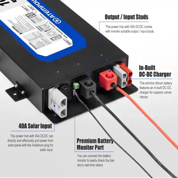 12V 100AH Slimline Lifepo4 Lithium Battery With In-Built 40a Dc-Dc Charger And Power Hub