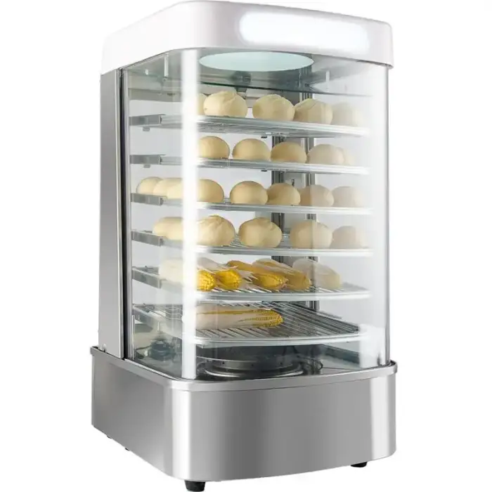 Electric Commercial Stainless Steel Food Warmer Display Showing Baking Kitchen Machine Bun Steamer with Glass