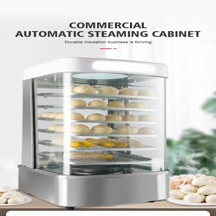 Electric Commercial Stainless Steel Food Warmer Display Showing Baking Kitchen Machine Bun Steamer with Glass