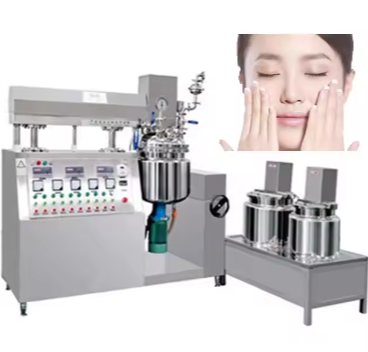 Production line mixer machine for cosmetic lotion and cream manufacturing.