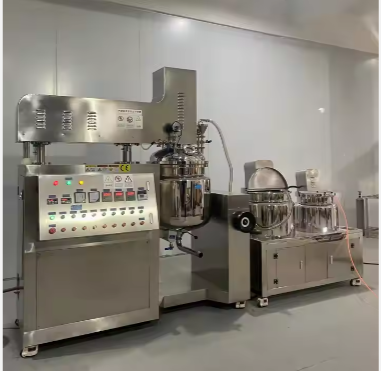 Production line mixer machine for cosmetic lotion and cream manufacturing.