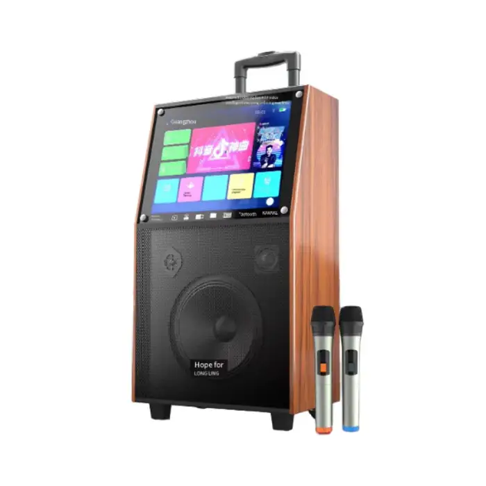 Bluetooth Karaoke Portable Outdoor 350W Power DJ HiFi Stereo Wooden Box Trolley Speaker With Screen Subwoofer Speaker