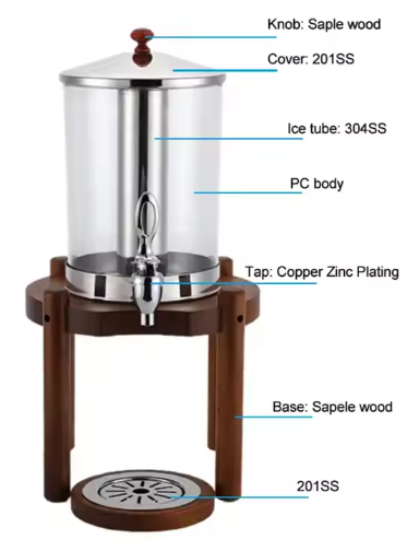 Luxury Design 14L Double Stainless Steel Juice Dispenser With Sapele Wooden Base Catering For Restaurant