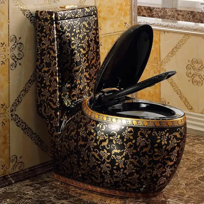 Luxury Bathroom Porcelain Water Closet Ceramic Commode Black Gold One Piece Toilet