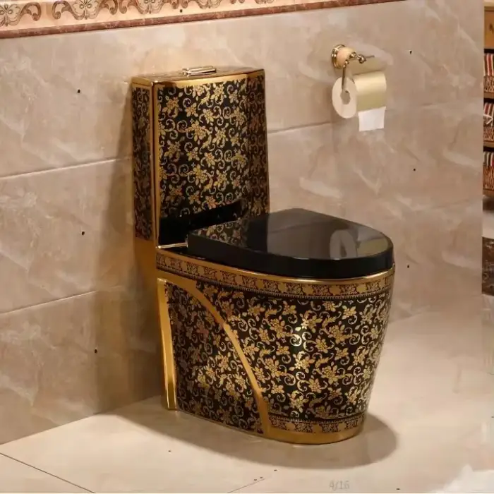 Luxury Bathroom Porcelain Water Closet Ceramic Commode Black Gold One Piece Toilet