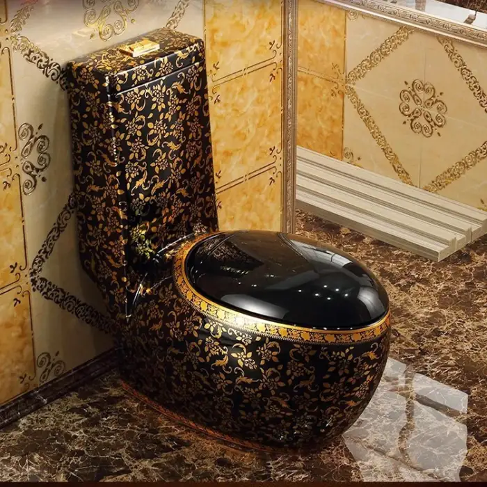 Luxury Bathroom Porcelain Water Closet Ceramic Commode Black Gold One Piece Toilet