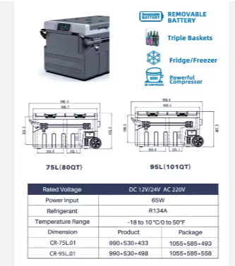 75L AC DC Dual Use Portable Solar Power Car Fridges Cooler Dual-Zone Compact Freezer for Camping Truck Road Trip