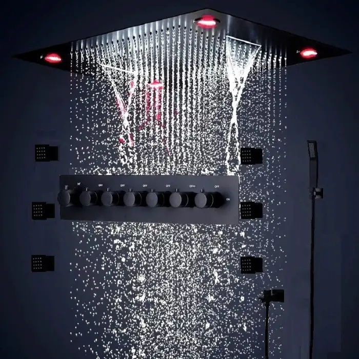 Chrome/Black/Gold Luxury 600 * 800 mm Spa Shower Ceiling Rain Waterfall Rain Curtain Spray Massage Square Smart LED Shower