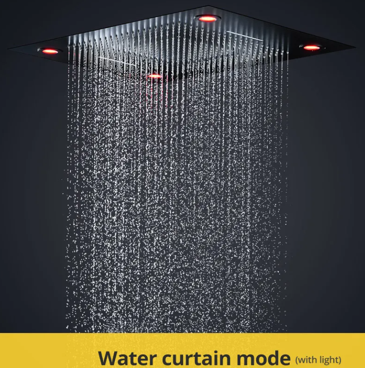 Chrome/Black/Gold Luxury 600 * 800 mm Spa Shower Ceiling Rain Waterfall Rain Curtain Spray Massage Square Smart LED Shower