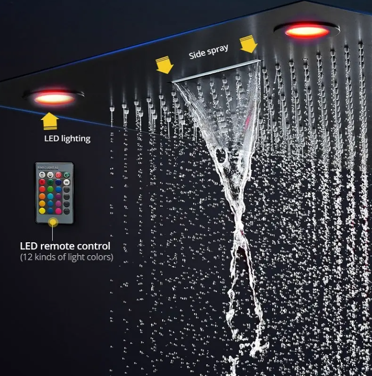 Chrome/Black/Gold Luxury 600 * 800 mm Spa Shower Ceiling Rain Waterfall Rain Curtain Spray Massage Square Smart LED Shower