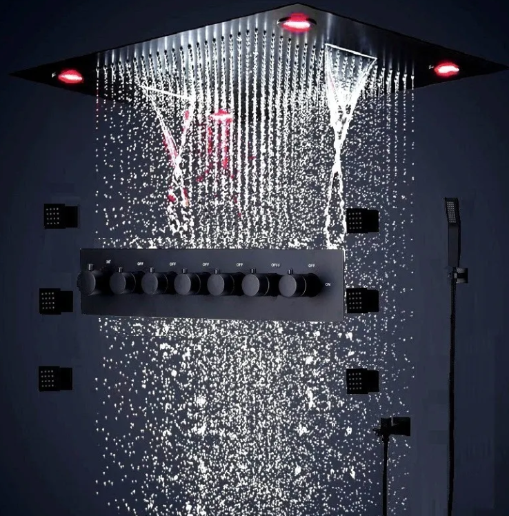 Chrome/Black/Gold Luxury 600 * 800 mm Spa Shower Ceiling Rain Waterfall Rain Curtain Spray Massage Square Smart LED Shower