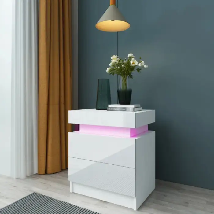 Home Furniture Bedroom Decoration High Gloss LED Lights Bedside Cabinet Drawers Smart Bedside Table Fridge