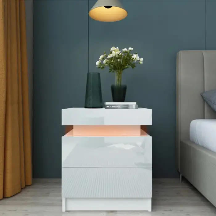 Home Furniture Bedroom Decoration High Gloss LED Lights Bedside Cabinet Drawers Smart Bedside Table Fridge