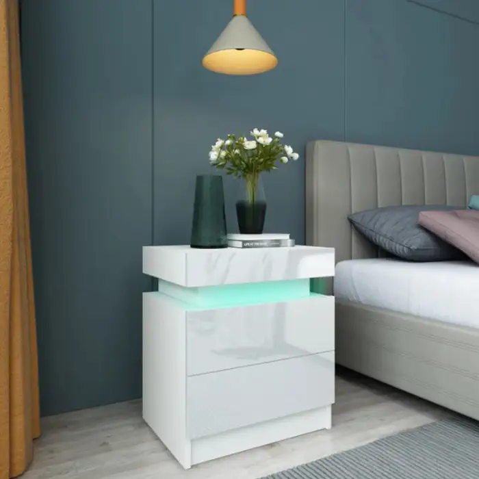 Home Furniture Bedroom Decoration High Gloss LED Lights Bedside Cabinet Drawers Smart Bedside Table Fridge