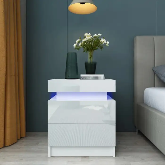 Home Furniture Bedroom Decoration High Gloss LED Lights Bedside Cabinet Drawers Smart Bedside Table Fridge