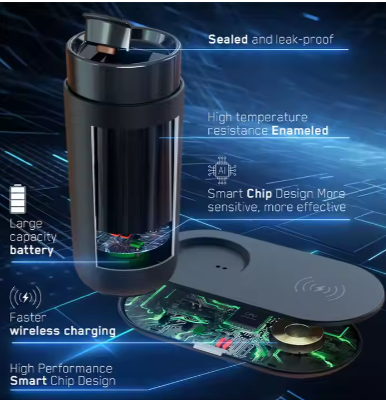 Temperature Control Travel Mug Self Heating 12 Oz Black 5-hr Battery Life Heated Coffee Smart Mug With Wireless Charger