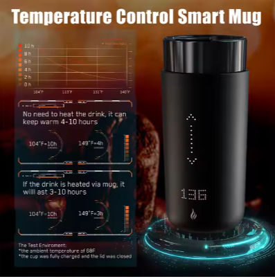 Temperature Control Travel Mug Self Heating 12 Oz Black 5-hr Battery Life Heated Coffee Smart Mug With Wireless Charger