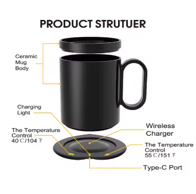 Multifunctional Wireless Charging Heating Cup 55 Degree Temperature Control Coffee Mug Warmer