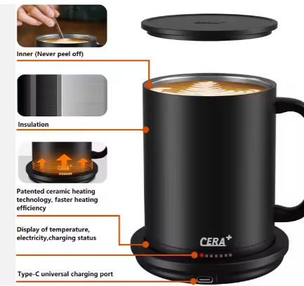 CERA+ Intelligent Automatic Heating Cup SS304 14Oz Temperature Control Smart Mug