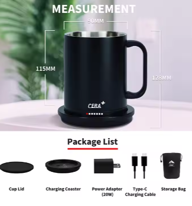 CERA+ Intelligent Automatic Heating Cup SS304 14Oz Temperature Control Smart Mug