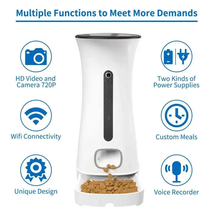 7.5L Puppy Kitten Cat Food Dispensers with 720P HD Wifi Camera Voice Recorder  Automatic Cat Feeder