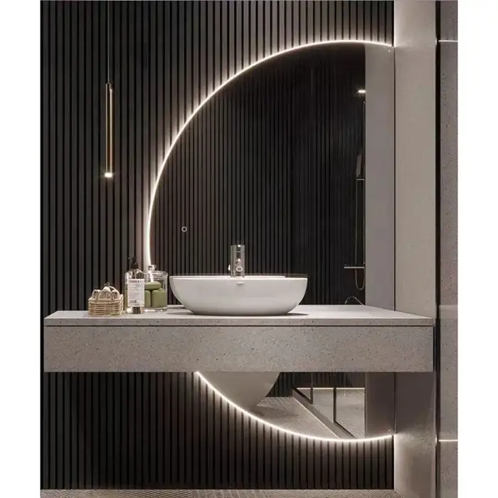 Modern Home Decor Half Moon Round Shape Led Light Smart Mirror Touch Sensor Switch Wall Bathroom Mirror