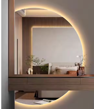 Modern Home Decor Half Moon Round Shape Led Light Smart Mirror Touch Sensor Switch Wall Bathroom Mirror