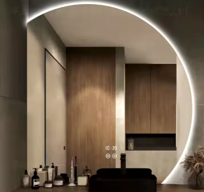 Modern Home Decor Half Moon Round Shape Led Light Smart Mirror Touch Sensor Switch Wall Bathroom Mirror