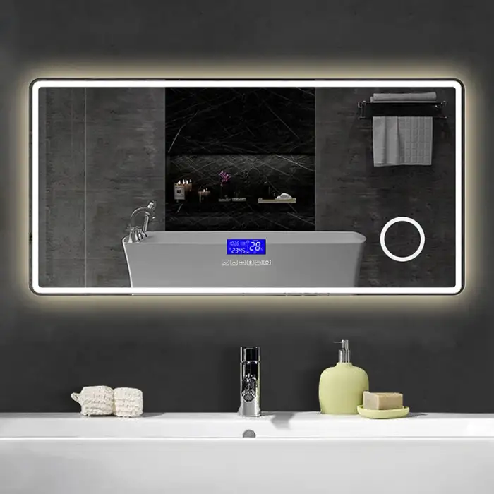 Modern Rectangle LED Bathroom Wall Smart Illuminated Backlit LED Bathroom Mirror with Time Display