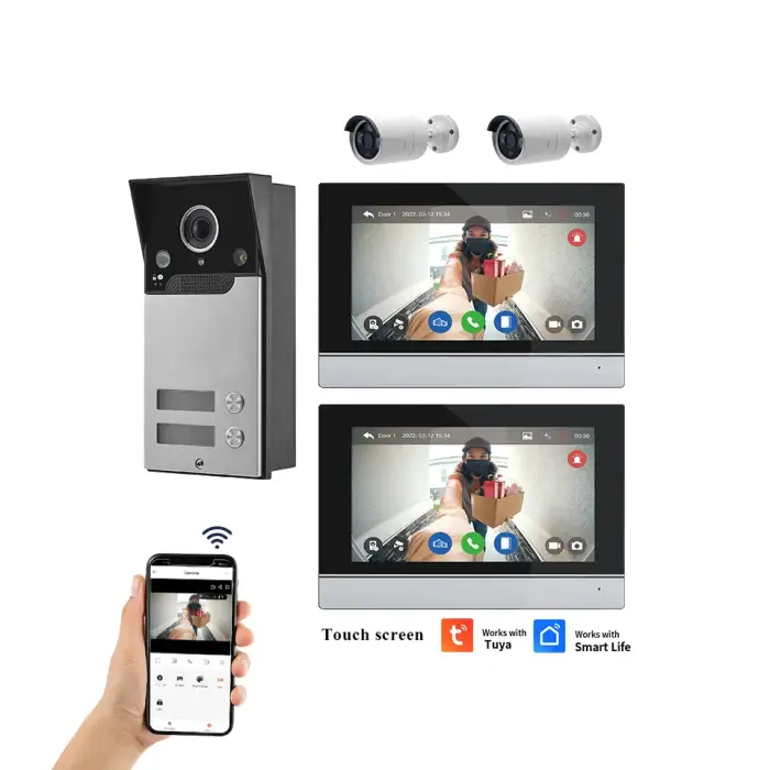 2 Button Video Intercom System Apartment WiFi Video Doorbell with 7 Inch Monitors Wire Video Door Phone