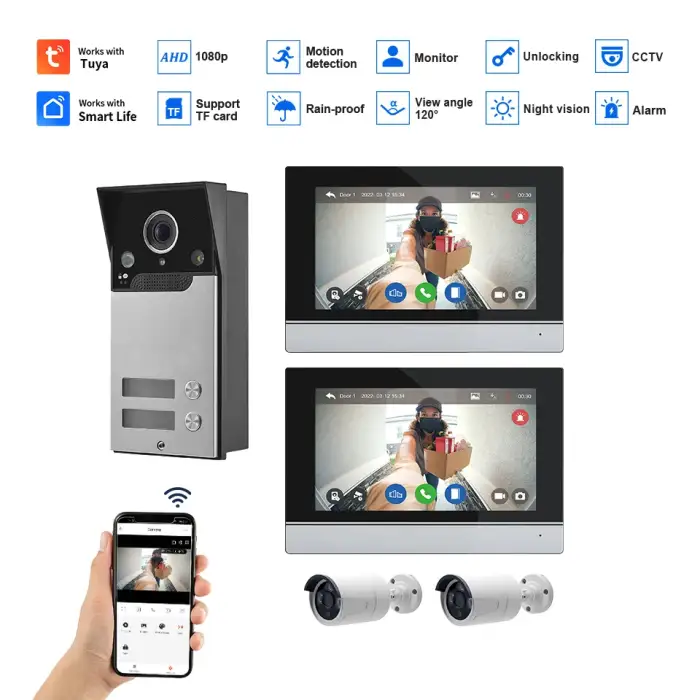 2 Button Video Intercom System Apartment WiFi Video Doorbell with 7 Inch Monitors Wire Video Door Phone