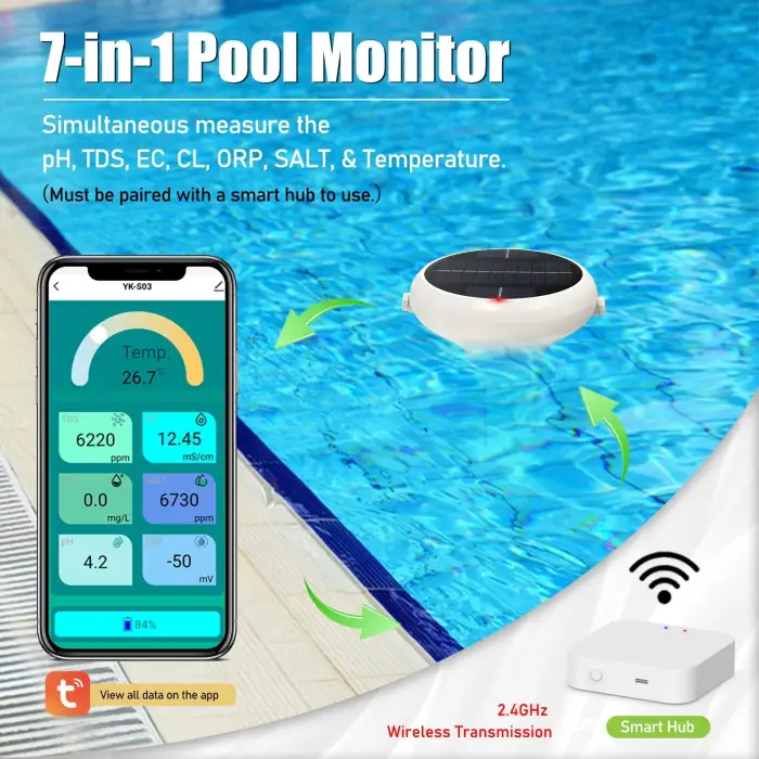 Floating Smart Pool Monitor Newest Pool Water Testing Smart Device CL/PH/EC/TDS/ORP/Temp/Salinity APP Digital Display for Pool