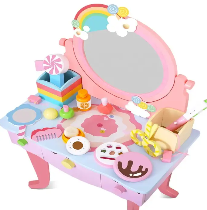 Creative Toy Multi-Function Mirror Dresser Toy Wooden Pink Dressing Table Casa De Juguetes Furniture Toys for Girls