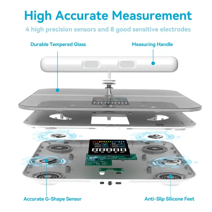 8 Electronic BMI Glass VA Screen OEM White Black Body Weight Fat Analysis Digital Smart Scale with IOS and Android APP