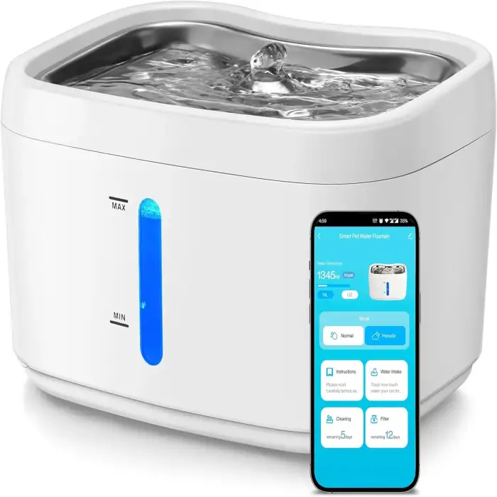 APP Smart Cat Water Fountain 84oz/2.5L Pet Water Fountain Automatic Cat Water Dispenser with 2.4GHz Wi-Fi Stainless Steel Tray