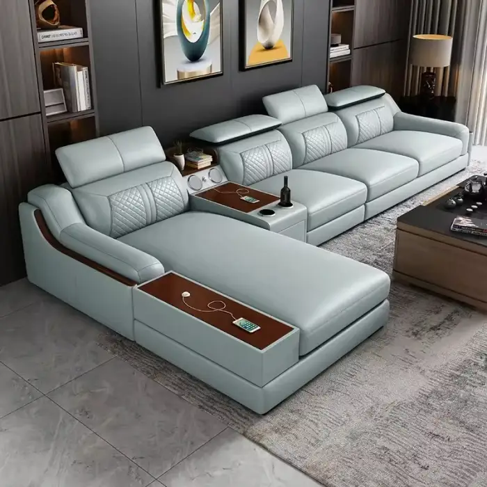 Modern L-Shaped Leather Sofa with USB Port Bluetooth Sound Corner Sofa Set for Living Room