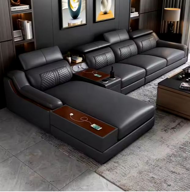 Modern L-Shaped Leather Sofa with USB Port Bluetooth Sound Corner Sofa Set for Living Room