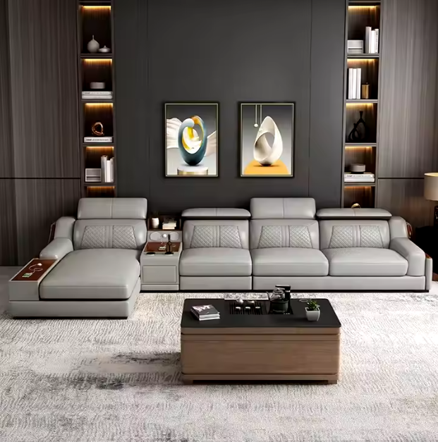 Modern L-Shaped Leather Sofa with USB Port Bluetooth Sound Corner Sofa Set for Living Room